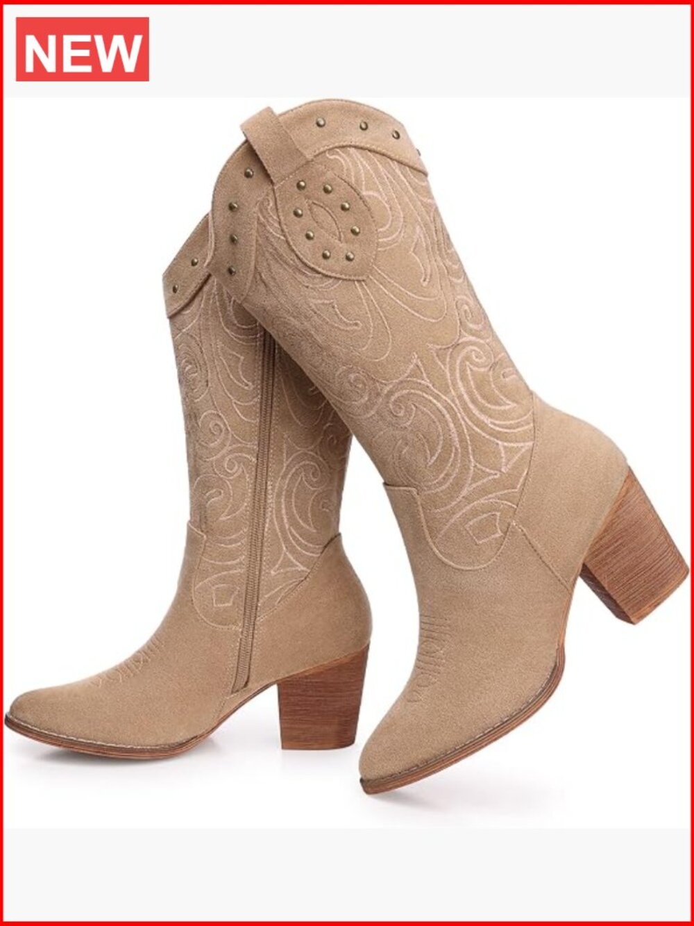 Western Mid Calf Boots for Women – Chunky Heel Pointed Toe Suede Embroidered - Picture 1 of 7